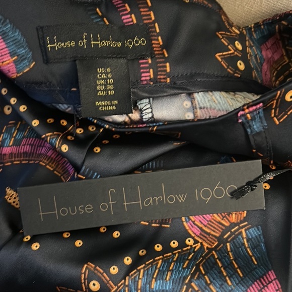 NWT House of Harlow 1960 Black Toucan Printed Satin High Waist Pants - 6 - Picture 8 of 11